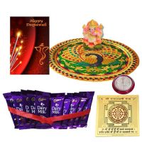 Minakari Pooja Thali + Cadbury + Ganesh Idol N Coin