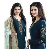 Bollywood Replica Crepe Silk Dark Cyan Prachi Desai Suit With Heavy Embroidery Work Dupatta