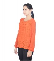 VIRO Orange color Round Neck Full Sleeves Georgette Top for Womens