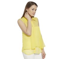 Viro Sleeveless Classic Collar Georgette Fabric Yellow Top For Women-vi99223ylw