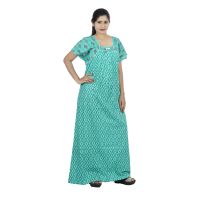 Green colour Geometric Design Printed Square  Neck Cotton Nighty For Ladies