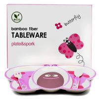 Eco Friendly Bamboo Fibre Kids Feeding Set With Divider Plate - Butterfly/pink