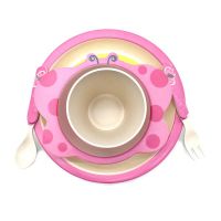Eco Friendly Bamboo Fiber Kids Feeding Set Of 5 Pieces, Round Plate - Pink/butterfly