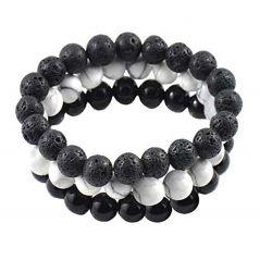 Black Onyx Howlite And Lava Volcanic Beads Set Of Three Bracelets - Code ( Lavahowliteblk3br )