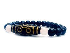 Tibetan Buddhist Auspicious Dzi Bead Black Onyx Rose Quartz Stretch Bracelet For Men And Women