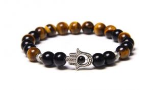 Jewellery - Natural Tiger Eye And Black Tourmaline Hamsa Hand Lucky Metal Charm Bracelet For Men And Women