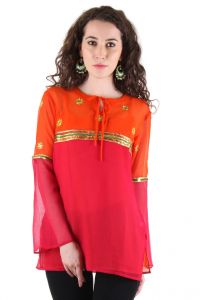 CHIMERA Red Full Sleeve Solid Polyester Round Neck Top For Women
