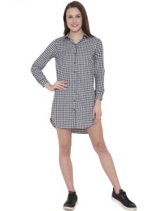 Hive91 Black And White Checkered Shirt Dress For Wome, Roll Up Sleeve, Made By Cotton Fabric