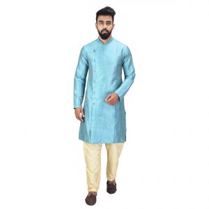 Men's Wear - Angrakha Cotton Silk Regular Fit Self Design Kurta Pajama Set ( Code - Bckuset023)