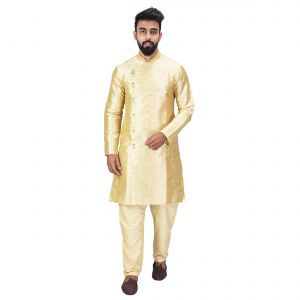 Kurta Sets (Men's) - Angrakha Cotton Silk Regular Fit Self Design Kurta Pajama Set ( Code - Bckuset027)