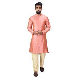Kurta Sets (Men's) - Angrakha Cotton Silk Regular Fit Self Design Kurta Pajama Set ( Code - Bckuset028)