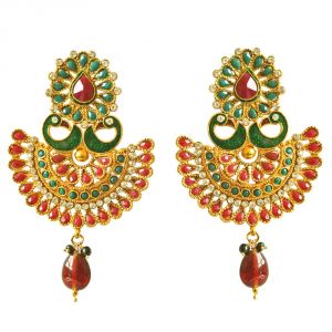Gold Coloured Stud Earring Online Surat Diamond Traditional Pea Shaped Red Green Enamelled Coloured Stone Studded Gold Plated Copper Earrings
