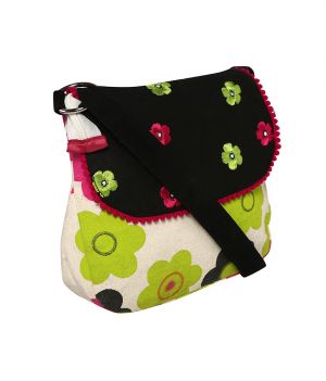Pick Pocket Lime Green Flower Canvas Sling Bag With Black Top And Embroider