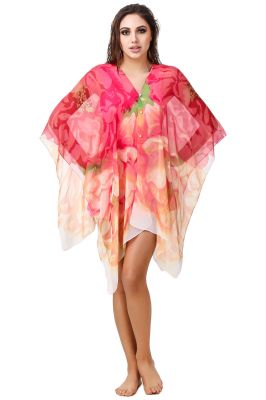Fasense Floral Printed Coral Red Multi Beachwear Cover Up MM004 D