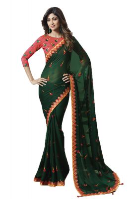 De Marca Dark Green Colour Chiffon Saree Code 609 2517