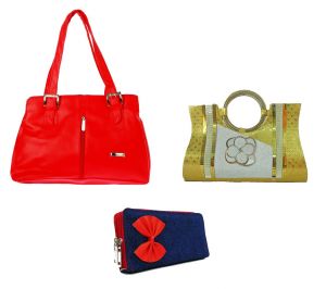 Buy Estoss Set Of 3 Handbag Combo - 1 Red Formal Handbag, 1 Golden Party Clutch Purse & 1 Blue Denim Clutch Purse- Hcmb1027 online