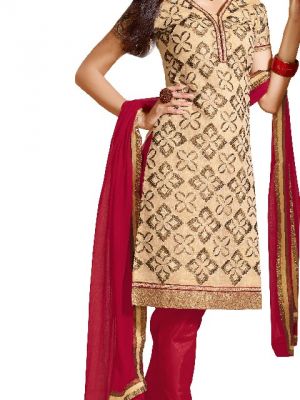 Buy Kvsfab Beige And Maroon Combination And Embroidered Ch Anderi Fabric Suit online