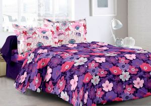 Buy Welhouse Purple & Floral Design 100% Cotton Double Bedsheet with 2 CONTRAST Pillow Cover online