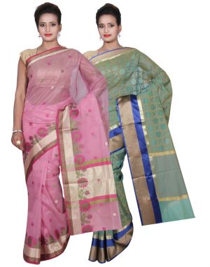 Buy Banarasi Silk Works Party Wear Designer Green & Pink Colour Super Net Combo Saree For Women's(bsw50_52) online