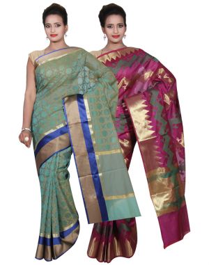 Buy Banarasi Silk Works Party Wear Designer Purple & Green Colour Cotton Combo Saree For Women's(bsw48_50) online