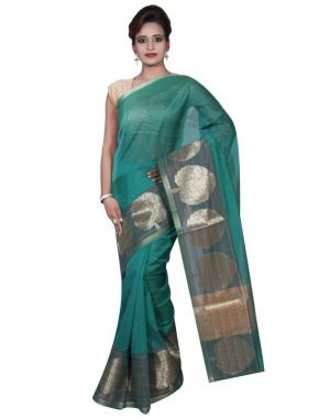 Buy Banarasi Silk Works Party Wear Designer Green Colour Cotton Saree For Women's(bsw4) online
