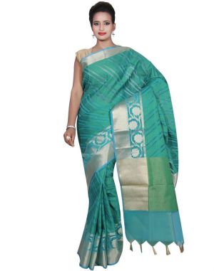 Buy Banarasi Silk Works Party Wear Designer Green Colour Cotton Saree For Women's(bsw36) online