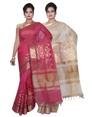 Buy Banarasi Silk Works Party Wear Designer Beige & Pink Colour Cotton Combo Saree For Women's(bsw5_7) online