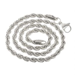 Men Style 5mm 14K White Silver Rope Design Chain Necklaces (24 Inch Long) Silver Stainless Steel Rope Chain
