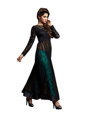Buy Stylish Fashion Black And Turquoise Embroidered Floor Length Anarkali Suit online