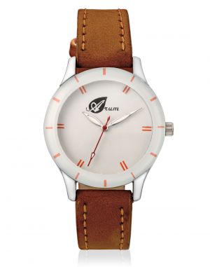 Buy Arum Analog White Dial With Brown Leather Strap online
