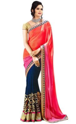 Buy Shopeezo Daily Wear Orange & Blue Color Georgette Saree/sari online