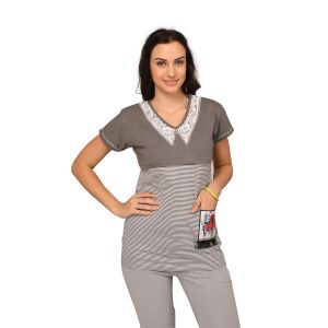 De'Moda Women's Striped Grey Maternity Top (Code - DM5023-1-DM)