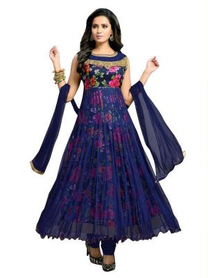 Buy Navy Blue Net Semi-stitched Anarkali Suit For Women online