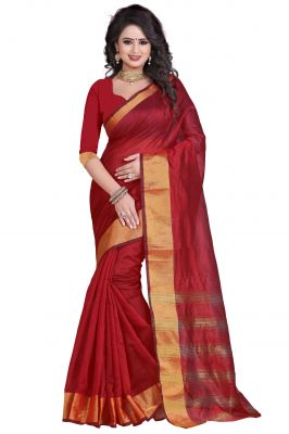 Buy Aar Vee Red Cotton Silk Weaving Design Saree With Unstitched Blouse online