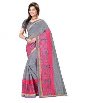 Buy Aar Vee Grey & Pink Chanderi Cotton Embroidered Saree With Unstitched Blouse online