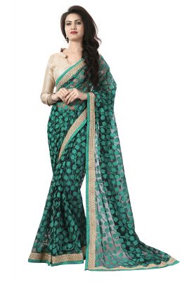 Buy Aar Vee Green & Black Net Brasso Embroidered Lace Border Saree With Fancy Unstitched Blouse Rani2 online