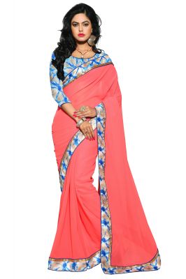 Buy Aar Vee Pink Colour Faux Georgette Saree With Unstitched Blouse online