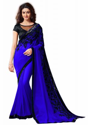 Buy Fabkaz Women Chiffon Royal Blue Colour Embroidey Lace Border Work Designer Saree online