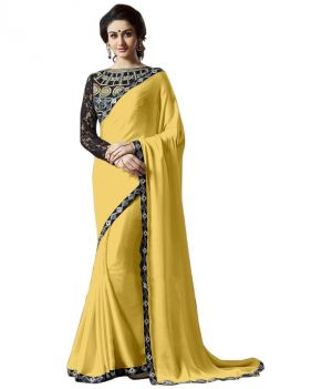 Buy Fabkaz Women Satin Chiffon Yellow Colour Lace Broder Work Designer Saree online