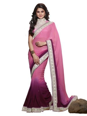 Buy Vipul Heavy Embroidered Neck Blouse With Pink Georgette Saree online
