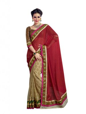 Buy Vipul Heavy Embroidery Red & Gold Satin Jacquard Half & Half Saree online