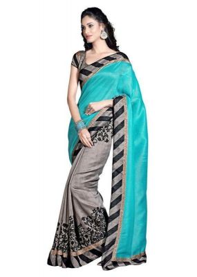 Buy Shopeezo Daily Wear Grey & Turquoise Color Bhagalpuri Silk Saree/sari online