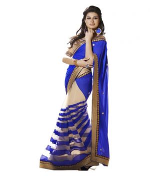 Buy Vellora Designer Half Half Blue Colour Georgette And Net Fashion Saree online