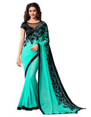Buy Styloce Blue Color Georgette Printed Casual Deasigner Saree With Blouse-(code-sty-8834) online