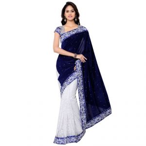 Buy Florence Blue With White Velvet Embroidered Saree online
