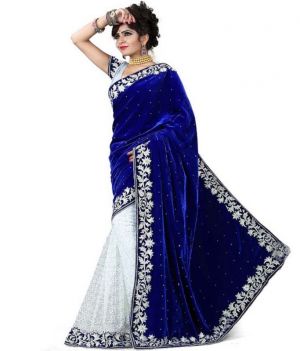 Buy Arihant Traders Comfort Blue & White Velvet & Brasso Saree- Blue-white online