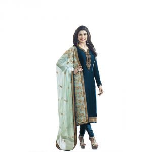 Buy Bollywood Replica Crepe Silk Dark Cyan Prachi Desai Suit With Heavy Embroidery Work Dupatta online