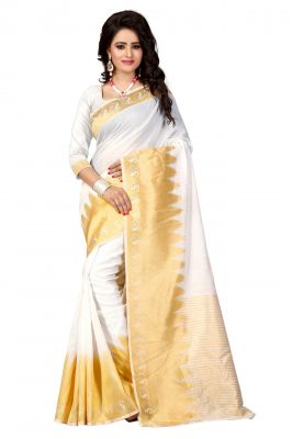 Buy Holyday Womens Poly Cotton Saree, Gold (kery_white_gold) online