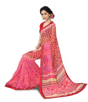 Buy Kotton Mantra Women's Coral Pink Georgette Fashion Saree online