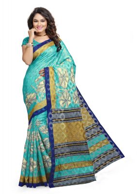 Buy Kotton Mantra Blue Cotton Printed Party Wear Saree With Blouse Piece (kmscv4005) online
